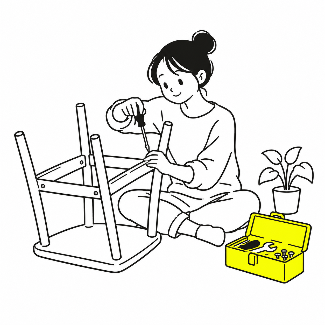 椅子を点検する人と修理道具のイラスト